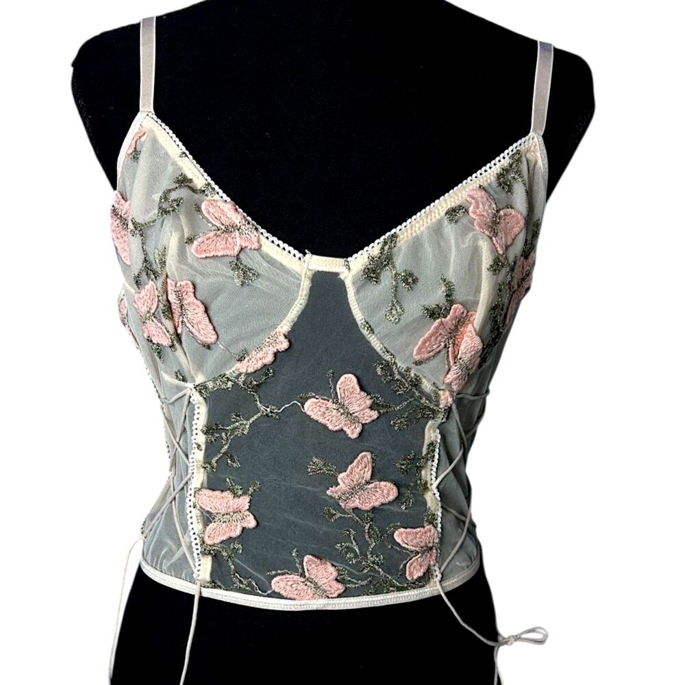 Womens Pink Butterfly Sheer Corset Sz S Festival Ren Faire Romantic Dainty Soft
